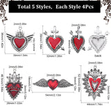 20Pcs 5 Styles Gothic Style Heart Alloy Red Enamel Pendant Sets, Including Pendants and Pendant Rhinestone Settings, Antique Silver, 18~46.5x26~52.5x3~4mm, Hole: 2mm, 4pcs/style