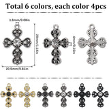 24Pcs 6 Colors Alloy Pendants, with Rhinestone, Cross Charms, Mixed Color, 29x20.5x4mm, Hole: 1.6mm, 4Pcs/color