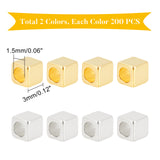 Brass Spacer Beads, Cube, Golden & Silver, 3x3x3mm, Hole: 1.5mm, 2 colors, 200pcs/color, 400pcs/box