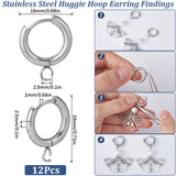 12Pcs 201 Stainless Steel Huggie Hoop Earring Findings, with Horizontal Loop and 316 Surgical Stainless Steel Pin, Stainless Steel Color, 18 Gauge, 18x15x2.5mm, Hole: 2.5mm, Pin: 1mm