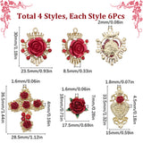 24Pcs 4 Styles Alloy Rhinestone Pendants, Cross with Rose Flower Charms, Light Gold, 18~36.5x15~28.5x4~8.5mm, Hole: 1.6~2mm, 6pcs/style