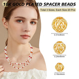 60Pcs 3 Style Brass Hollow Beads, Long-Lasting Plated, Round, Golden, 1/8~3/8 inch(4~8mm), 20pcs/style