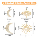 16Pcs 4 Styles Brass Chandelier Components Links, Long-Lasting Plated, Crescent Moon/Double Horn & Sun, Real 24K Gold Plated, 21.5~30x12.5~28x0.5~0.8mm, Hole: 1.2~1.8mm, 4pcs/style