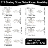 70Pcs 7 Style Brass Bead Caps, Flower, 925 Sterling Silver Plated, 10~15.5x12.5~16x0.5~4mm, Hole: 0.9~1.5mm, 10pcs/style