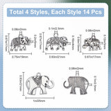 56Pcs 4 Styles Alloy Pendants, Elephant, Antique Silver, 15~21x17~25x2.5~5mm, Hole: 2~2.5mm, 14pcs/style