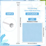 925 Sterling Silver Ball Head Pins, for Jewelry Making, Silver, 24 Gauge, 35x0.5mm, Head: 1.5mm, 30pcs