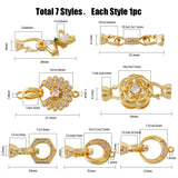 7Pcs 7 Styles Rack Plating Brass Micro Pave Clear Cubic Zirconia Fold Over Clasps, Cadmium Free & Lead Free, Long-Lasting Plated, Flower & Bowknot & Hexagon, Mixed Shapes, Golden, 20~33.5mm, 1pc/style