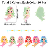 60Pcs 6 Colors Opaque Resin Cabochons, Mermaid, Mixed Color, 24x17.5x6mm, 10pcs/color