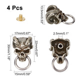 4Pcs Alloy Bag Decorative Demon Skull Head Buckle Clasps, Retro Leather Craft Rivets with Pull Ring & Screw, Antique Silver, 35x25x13mm