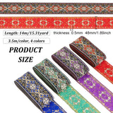 14M 4 Colors Ethnic Style Embroidery Polyester Ribbons, Jacquard Ribbon, Tyrolean Ribbon, Garment Accessories, Flower Pattern, Mixed Color, 1-7/8 inch(48mm), 3.5m/color