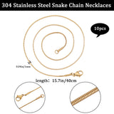 10Pcs 304 Stainless Steel Round Snake Chain Necklaces Set, Golden, 15.7 inch(40cm)