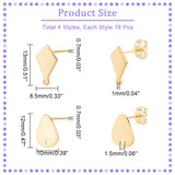 64Pcs 4 Sryle 201 Stainless Steel Stud Earring Findings, with Ear Nuts and 304 Stainless Steel Pins, Teardrop & Rhombus, Golden & Stainless Steel Color, 12~13x8.5~10mm, Hole: 1~1.5mm, Pin: 0.7mm, 16pcs/style