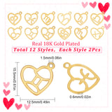 24Pcs 12 Style 304 Stainless Steel Pendants, Laser Cut, Heart with Constellation, Real 18K Gold Plated, 15.5x12.5x0.6mm, Hole: 1.5mm, 2pcs/style