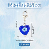 Handmade Evil Eye Lampwork Pendant Decoration, Alloy Lobster Clasps Charm, Clip-on Charm, for Keychain, Purse, Backpack Ornament, Heart with Evil Eye, Blue, 38mm, 12pcs/set