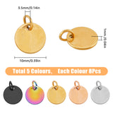 40Pcs 5 Colors 304 Stainless Steel Charms, with Jump Rings, Blank Stamping Tag, Flat Round, Mixed Color, 10x1mm, Hole: 3.5mm, 8pcs/color