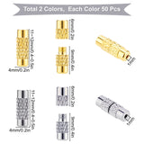 100 Sets 2 Colors Column Brass Screw Clasps, Platinum & Golden, 11~12x4mm, Hole: 1mm, 50 sets/color