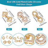 6Pcs 3 Style Rack Plating Brass Micro Pave Clear Cubic Zirconia Fold Over Clasps, Mixed Shapes, Real 18K Gold Plated, 22~25.5x8.5~11.5x3~5mm, 2pcs/style