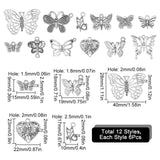 72Pcs 12 Style Tibetan Style Alloy Pendants, Butterfly, Antique Silver, Pendant: 9~23x10~29x2~2.5mm, Hole: 1.2~1.8mm, 60pcs; Pendant Rhinestone Settings: 19~28x27.5~40x3~3.5mm, 12pcs