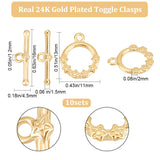 10Pcs Eco-friendly Brass Toggle Clasps, Cadmium Free & Lead Free, Long-Lasting Plated, Ring with Flower, Real 24K Gold Plated, Ring: 13x11x2mm, Bar: 4.5x16x1.5mm, Hole: 1.2mm