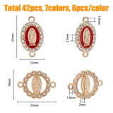 42Pcs 7 Styles Virgin Mary Alloy Crystal Rhinestone Connector Charms, with Enamel, Religion, Light Gold, Oval & Flower Links, Mixed Color, 22x16x2mm and 23x13x2.5mm, Hole: 1.6mm, 6pcs/style