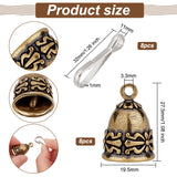 8Pcs Tibetan Style Brass Pendants, Retro Bell Charm, with 8Pcs Iron Keychain Clasp Findings, Antique Bronze & Platinum, Bell: 27.5x19.5mm, Hole: 3.3mm