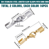 32Pcs 2 Colors Ion Plating(IP) 304 Stainless Steel Lobster Claw Clasps with Cord Ends, Platinum & Golden, 32mm, Inner Diameter: 3.5mm, 16pcs/color