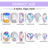 64Pcs 4 Style Pointed Back Glass Rhinestone Cabochons, Back Plated, Faceted, AB Color Plated, Teardrop & Oval & Rectangle Octagon & Heart, Pearl Pink, 12.2~18x11.8~13x5~5.5mm, 16pcs/style