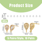 20Pcs 2 Style Teardrop Shape Brass Micro Pave Cubic Zirconia Stud Earring Findings, with Loops and 30Pcs Plastic Ear Nuts, Golden, 9.5~11.5x5.5~6mm, Hole: 1mm, Pin: 0.6~0.8mm, 10Pcs/style