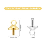 120Pcs 2 Colors Brass Cup Pearl Peg Bails Pin Pendants, For Half Drilled Beads, Mixed Color, 7x5x5mm, Hole: 1.5mm, Pin: 1mm, 60pcs/color