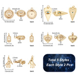 10Pcs 5 Style Brass Micro Pave Clear Cubic Zirconia Pendants, Evil Eyes, Mixed Shapes, Real 18K Gold Plated, 2pcs/style