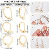 3 Style 304 Stainless Steel Leverback Earring Findings, with Loops, Real 24K Gold Plated, 14.5~16.5x10~12.5x1.5~2mm, Hole: 1~1.5mm, 20Pcs/style