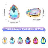 72Pcs 6 Colors Glass Beads, Faceted, with Golden Plated 201 Stainless Steel, Teardrop, Mixed Color, 14x10x6mm, Hole: 1mm, 12pcs/color