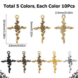 50Pcs 5 Colors Tibetan Style Alloy Pendants, Cross with Rose Charm, Mixed Color, 34.5x23x3mm, Hole: 2.5mm, 10pcs/color