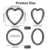 40Pcs 2 Styles Iron Split Key Rings, Keychain Clasp Findings, Heart & Ring, Electrophoresis Black, Ring: 30mm, Heart: 31x30.5x3mm, 20pcs/style