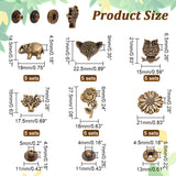 30 Sets 6 Style Brass Snap Button, Alloy Cap, Cotton-padded Clothes Coat Down Jacket Buckle, Antique Bronze, Elephant & Owl & Tree of Life, Mixed Patterns, 14.5~27.5x15~22.5x4.5~9mm, 4pcs/set, 5 sets/style