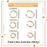 300Pcs 3 Styles 304 Stainless Steel Open Jump Rings, Round Ring, Real 18K Gold Plated, 4~6x0.8mm, 20 Gauge, 100pcs/style