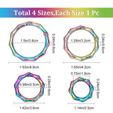 4Pcs 4 Styles Zinc Alloy Spring Gate Rings, Polygon Bamboo Stick Shape, Rainbow Color, 29~49x29~49x6mm, 1pc/style