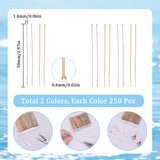 500Pcs 2 Colors 304 Stainless Steel Flat Head Pins, Golden & Stainless Steel Color, 50x0.6~0.7mm, Head: 1.4~1.5mm, 250pcs/color