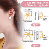 2 Pairs 2 Size 925 Sterling Silver Stud Earring Findings, 6 Claws Blank Earring Post, Matte Gold Color, 11~16.5x13~16.5mm, Tray: 8.5~12x9.5~13.5mm, Pin: 0.8mm, 1 Pair/size