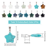 30Pcs 15 Colors Gemstone Pendants, with Platinum Tone Brass Findings, Star, 22~23x20~24x5~7mm, Hole: 2x7mm