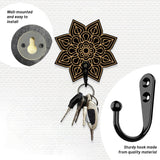 Wooden & Zinc Alloy Hook Hangers, Wall Mounted Key Hooks, Mandala Flower, Black, 100x100x7mm, 1pc/style, 2 style, 2pcs/set