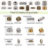 150Pcs 15 Style Tibetan Style Alloy European Beads, Large Hole Beads, Column & Donut & Rondelle, Mixed Color, 6.5~14x6~14x1.5~8.5mm, Hole: 4~6mm, 10pcs/style