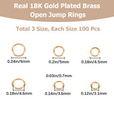 300Pcs 3 Styles Brass Open Jump Rings, Long-Lasting Plated, Round Ring, Real 18K Gold Plated, 21 Gauge, 4.5~6x0.7mm, Inner Diameter: 3.1~4.6mm, 100pcs/style