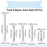 100Pcs 5 Styles 304 Stainless Steel Connector Charms, Arch & Twist & Bar, Mixed Shapes, Stainless Steel Color, 10~25x1.2~2x1~3mm, Hole: 1~1.2mm, 20pcs/style