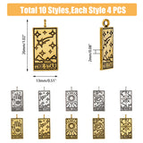 40Pcs 10 Styles Tibetan Style Alloy Pendants, Rectangle with Tarot Pattern, Mixed Shapes, 26x13x2mm, Hole: 2mm, 4pcs/style