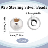 925 Sterling Silver Beads, Round, Silver, 4x3.5mm, Hole: 1.5mm, 50pcs/box