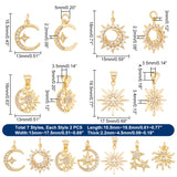 14Pcs 7 Style Brass Micro Pave Clear Cubic Zirconia Pendants, Moon with Star & Flower & Sun & Moon & Star, Real 18K Gold Plated, 19.5x17.5x3.4mm, Hole: 3.5x4.5mm, 2pcs/style