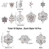 100Pcs 10 Styles Tibetan Style Alloy Links Connectors, Mixed Shapes, Antique Silver, 10pcs/style