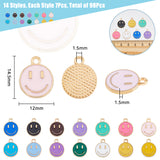 98Pcs 14 Colors Alloy Enamel Charms, Flat Round with Smiling Face, Mixed Color, 14.5x12x1.5mm, Hole: 1.5mm, 7pcs/color