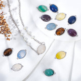 14Pcs 7 Styles Brass Natural Gemstone Connector Charms, Natural Agate & Amethyst & Lapis Lazuli & Tiger Eye, Mixed Dyed and Undyed, Oval, Platinum, Mixed Color, 15~15.5x25.5~26x6.5~7mm, Hole: 1.5~2mm, 2pcs/style